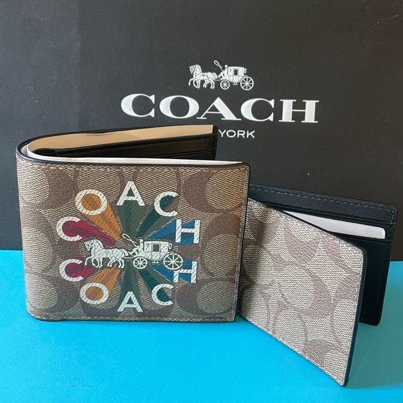 NWT Coach 3 In 1 Wallet In Signature Canvas W/ Coach Radial Rainbow Khaki Multi - Picture 1 of 7